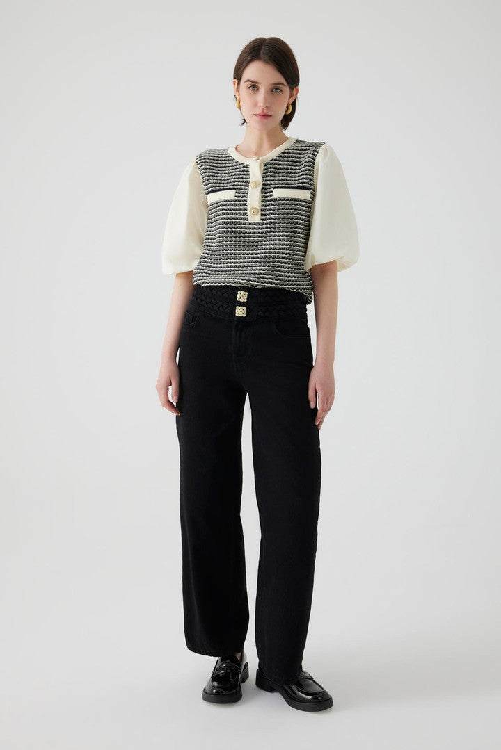 Black Cotton Regular Fit Wide Leg Denim Pants with Belt and Button Details