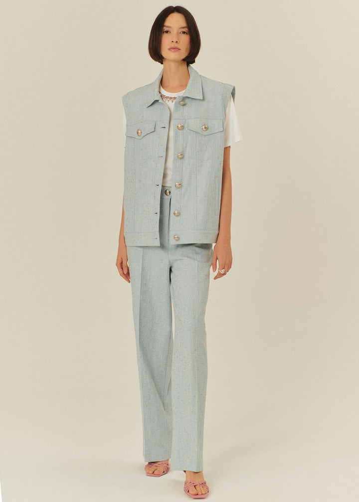 Oversized Blue Vest with Shiny Fabric Details
