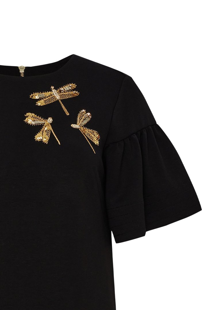 Stretch Knit Mini Dress with Embroidered Details and Crew Neck