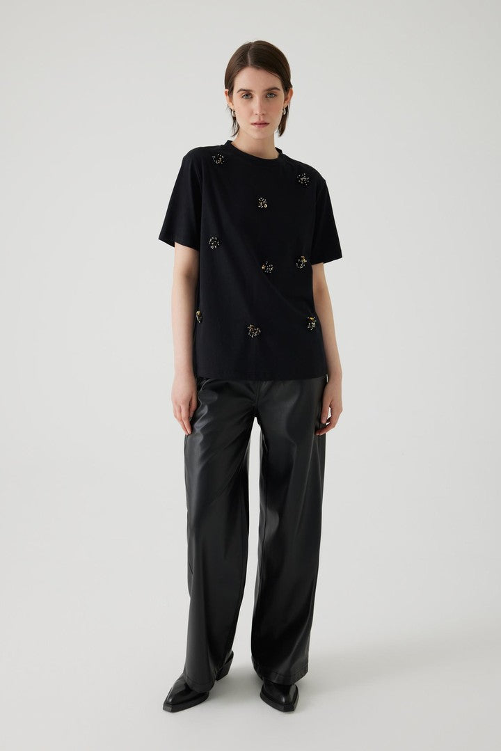 Black Regular Fit Stretch T-Shirt with Crew Neck and Beaded Embellishments