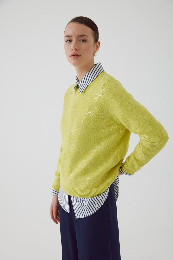 Yellow Regular Fit Cashmere Blend Knit Sweater with Crew Neck and Sequin Details