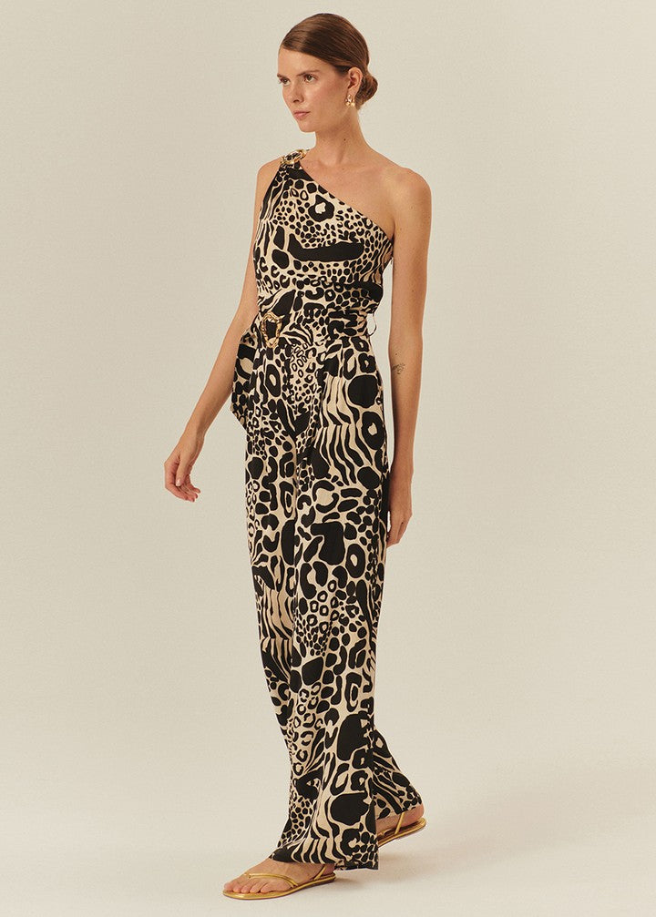 Patterned Regular Fit Jumpsuit with Belt and Buckle Details