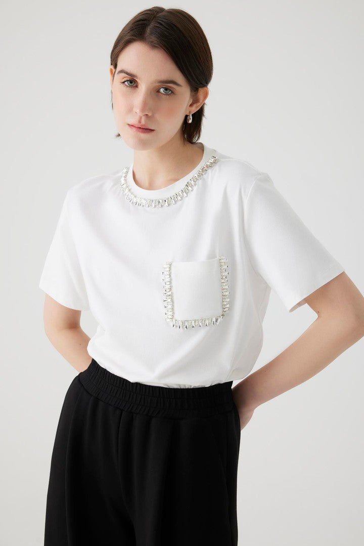 Bone Cotton Regular Fit T-Shirt with Embroidered Neckline and Stone Details