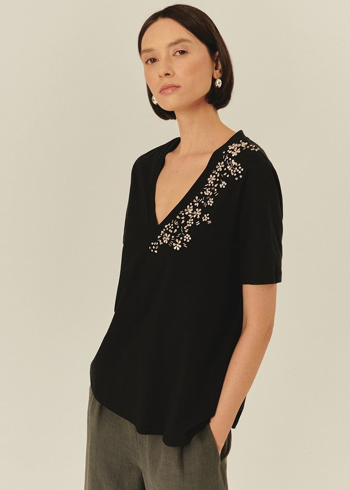 Embroidered V-Neck Cotton T-Shirt