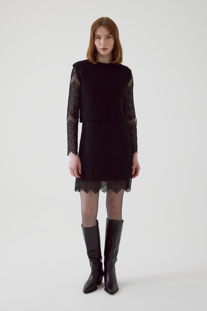 Black Regular Fit Dress with Knit Vest, Lace Details, and Lining