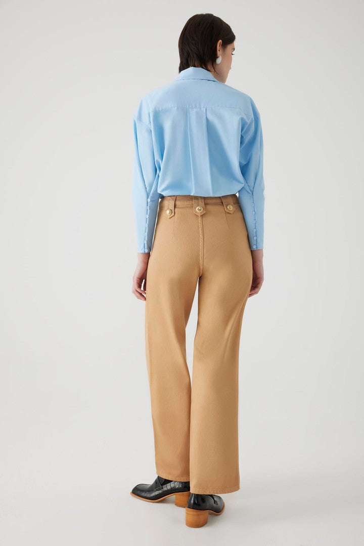Camel Cotton Regular Fit Denim Pants with Button Details