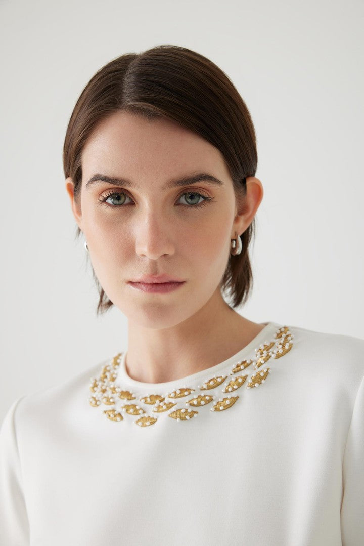 Regular Fit T-Shirt with Embroidered Neckline and Stone Details