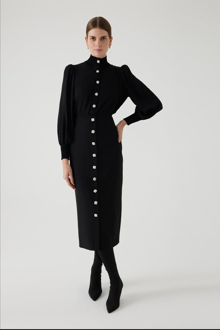 Black Relaxed Fit Shirt with High Neck, Knit Details, and Long Sleeves