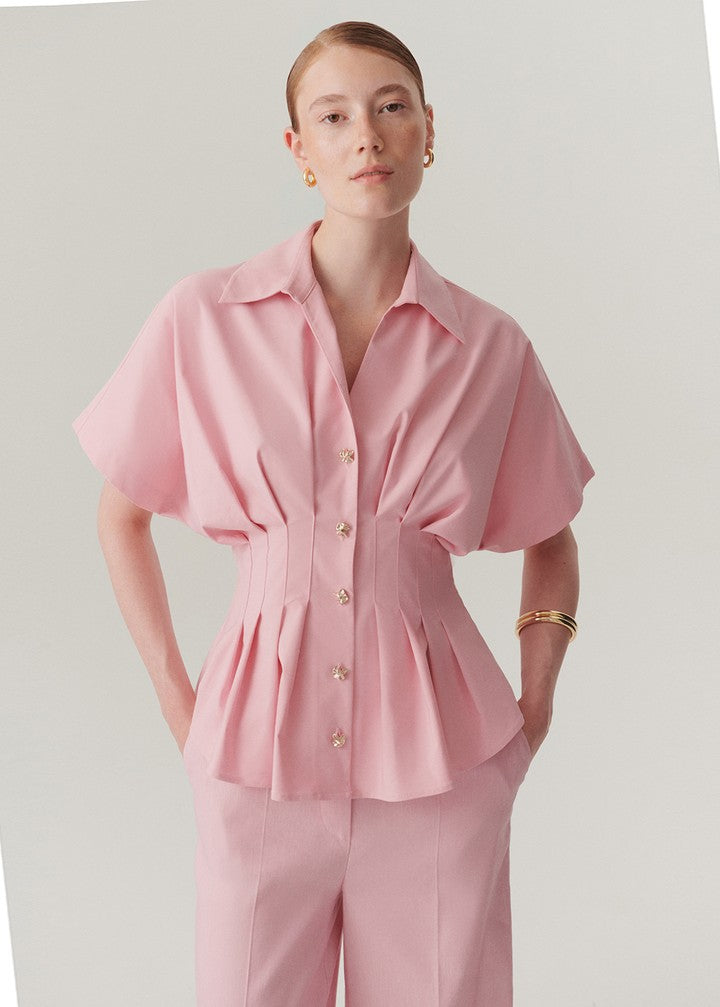 Pleated Waist Button-Up Blouse