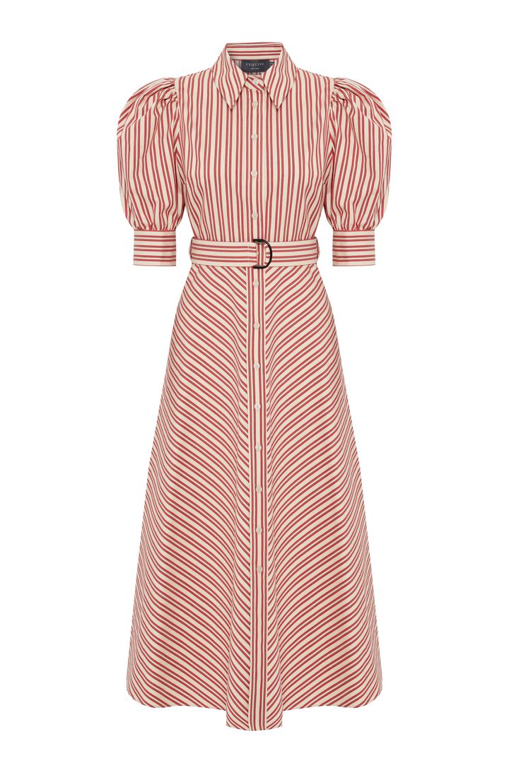 Red Striped Belted Balloon Sleeve A Line Regular Midi Shirt Dress