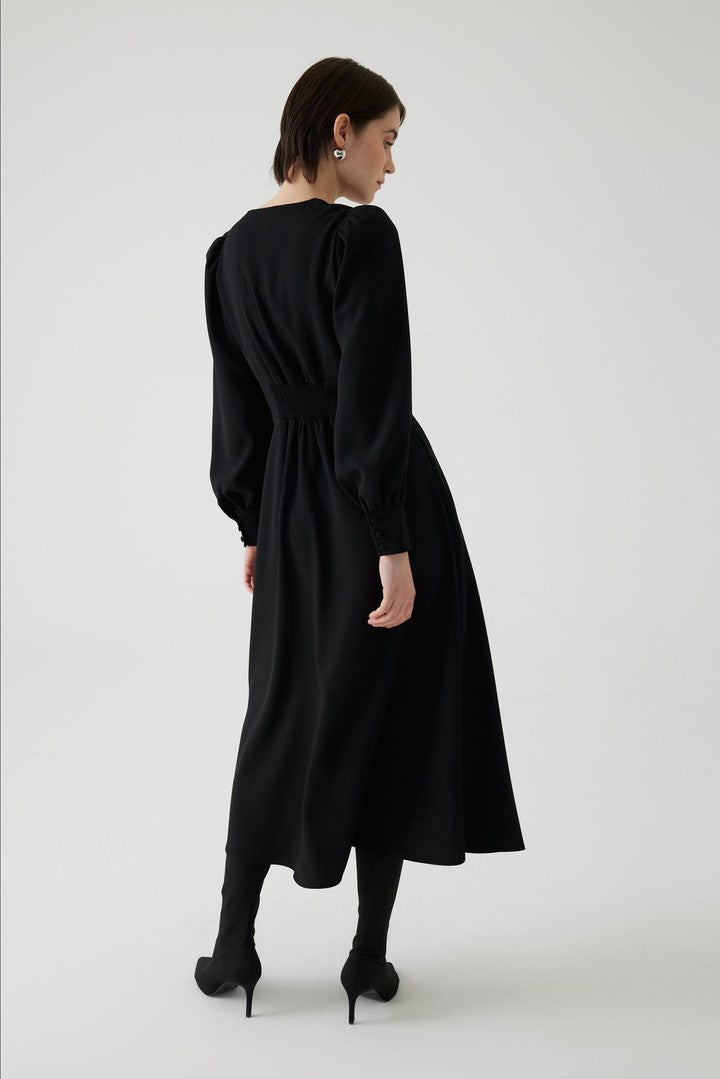 Black Regular Fit Midi Dress with Floral Embroidery