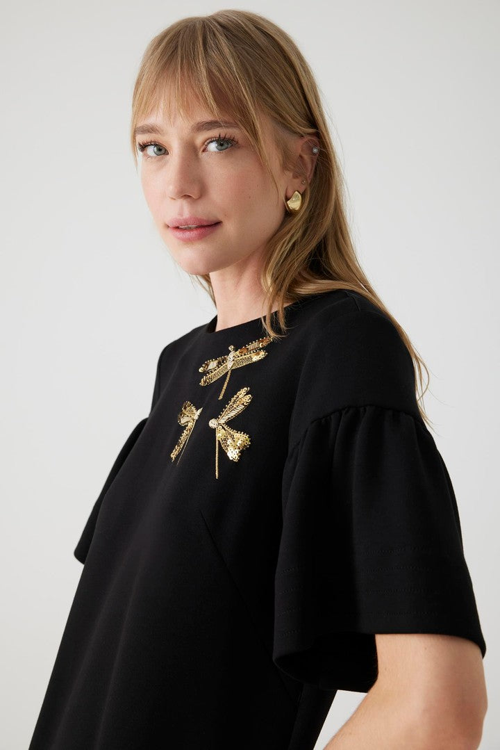Stretch Knit Mini Dress with Embroidered Details and Crew Neck