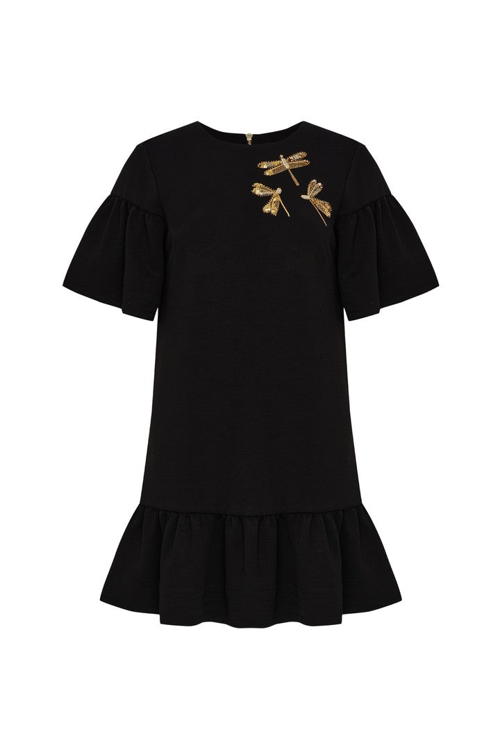 Stretch Knit Mini Dress with Embroidered Details and Crew Neck