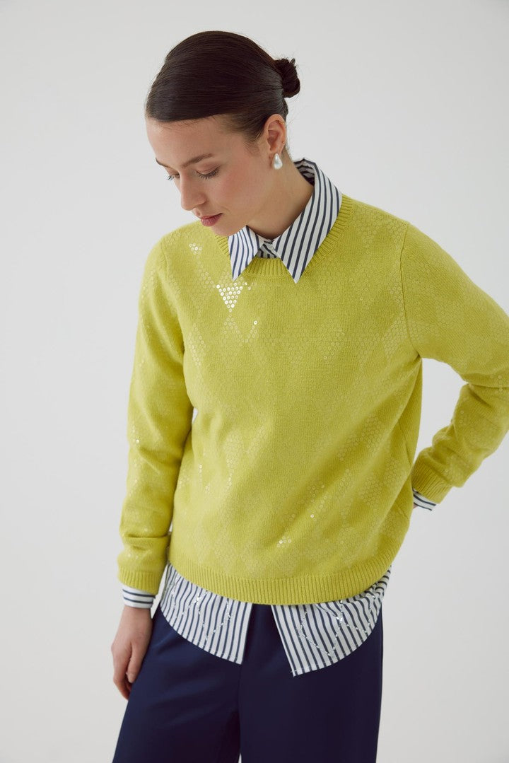 Yellow Regular Fit Cashmere Blend Knit Sweater with Crew Neck and Sequin Details