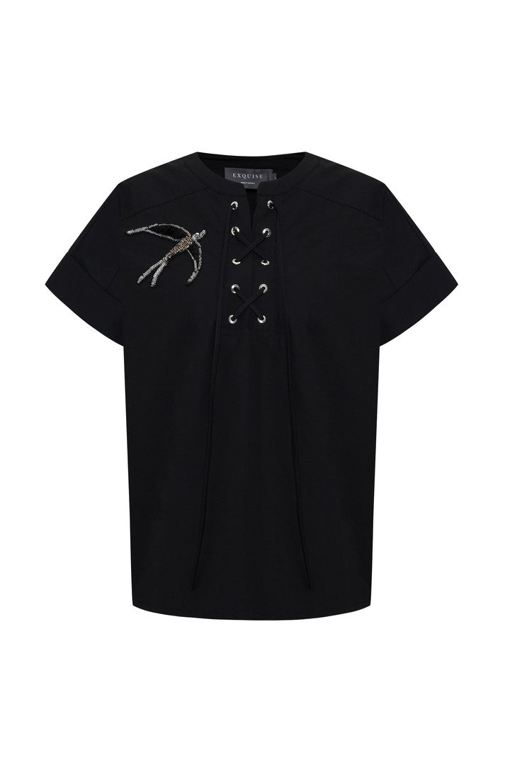 Embellished Lace-Up Cotton Blouse