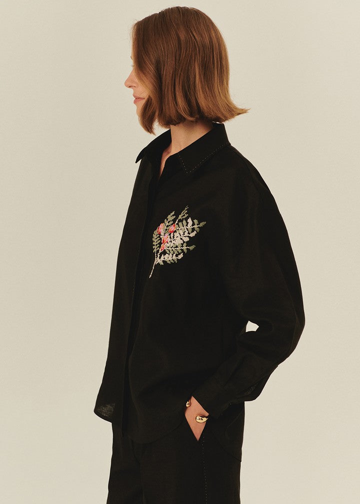 Relaxed Fit Black Pure Linen Shirt with Embroidered Details