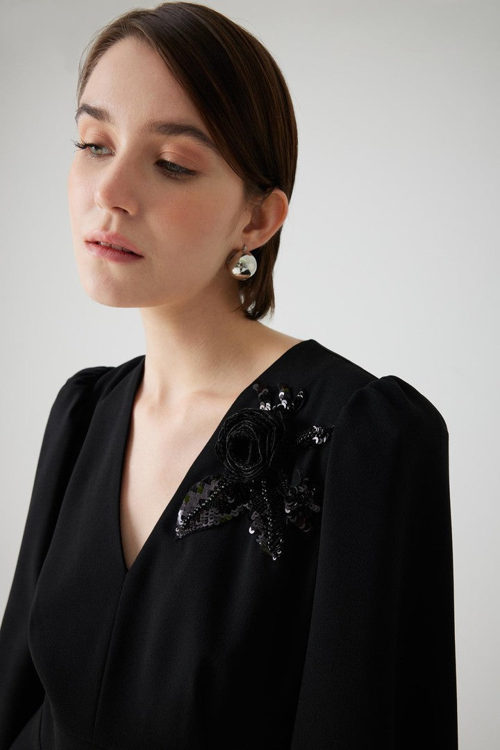 Black Regular Fit Midi Dress with Floral Embroidery