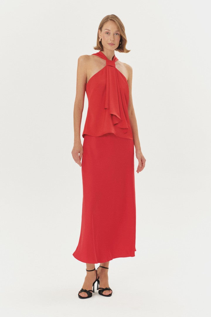 Red Regular Fit Satin Blouse with Knot Detail