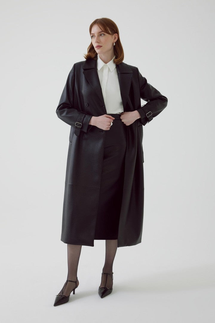 Black Regular Fit Belted Trench Coat in Eco Leather