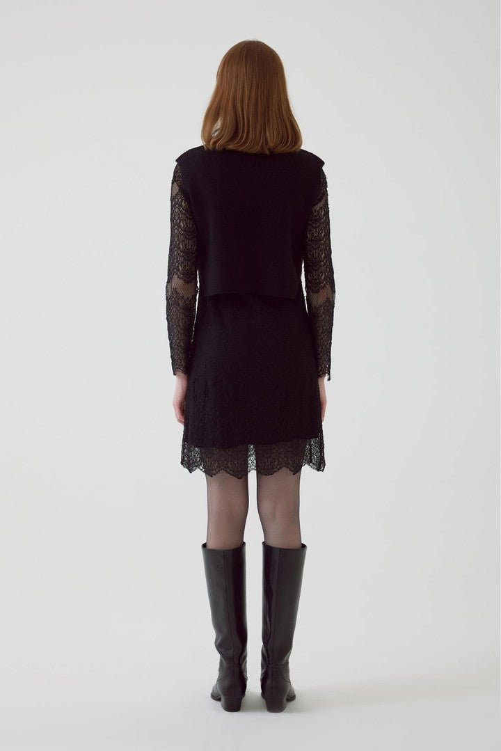 Black Regular Fit Dress with Knit Vest, Lace Details, and Lining
