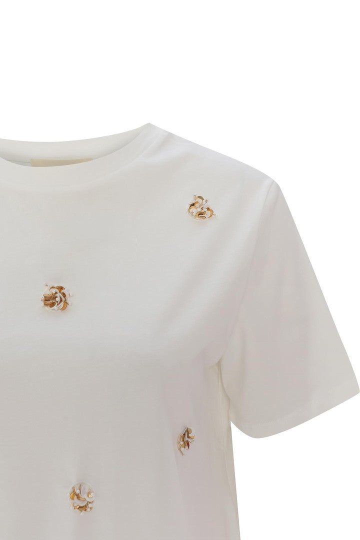 Ecru Regular Fit Stretch T-Shirt with Crew Neck and Beaded Embellishments