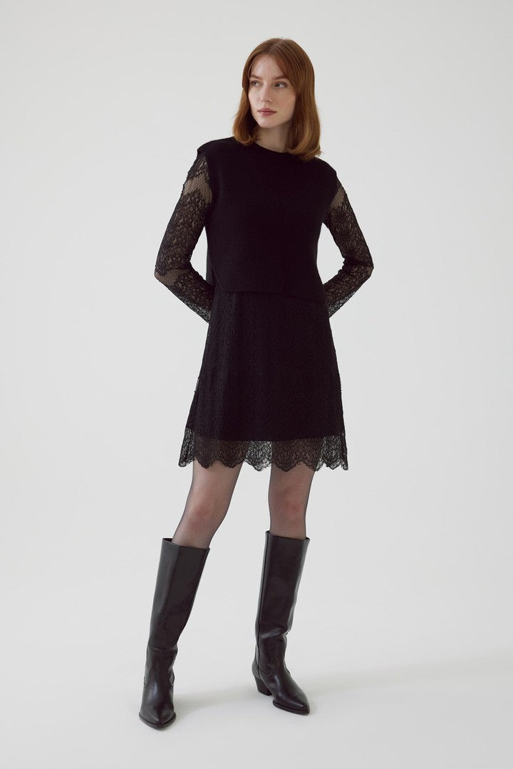 Black Regular Fit Dress with Knit Vest, Lace Details, and Lining