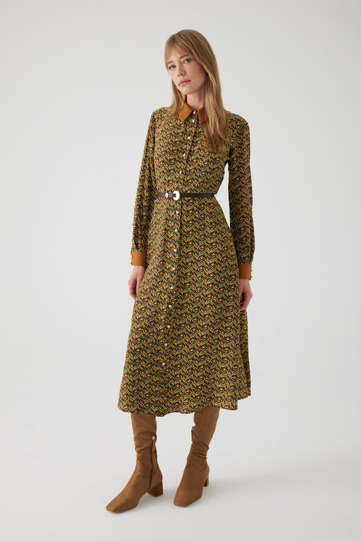 Regular Fit Patterned Midi Dress with Long Sleeves