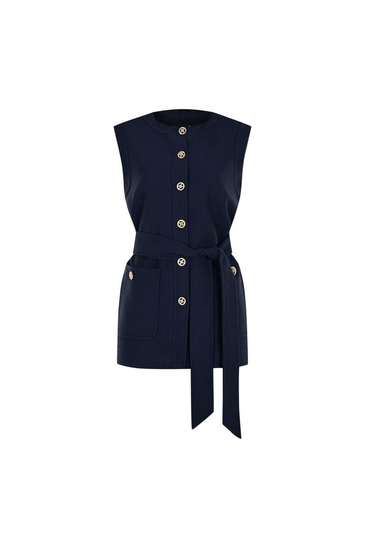Navy Slim Fit Textured Vest with Gold Button Details, Waist Tie, and Pockets