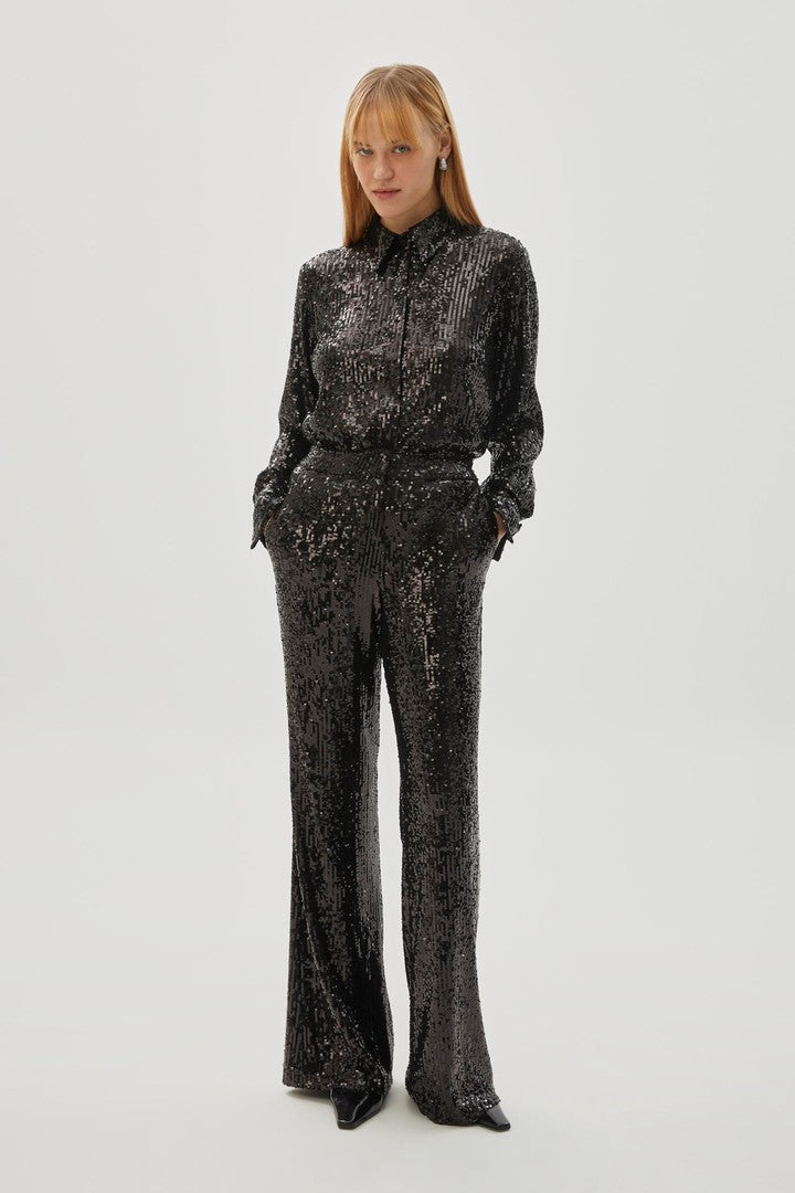 Black Wide Leg Pants with Lining and Sequin Embellishments