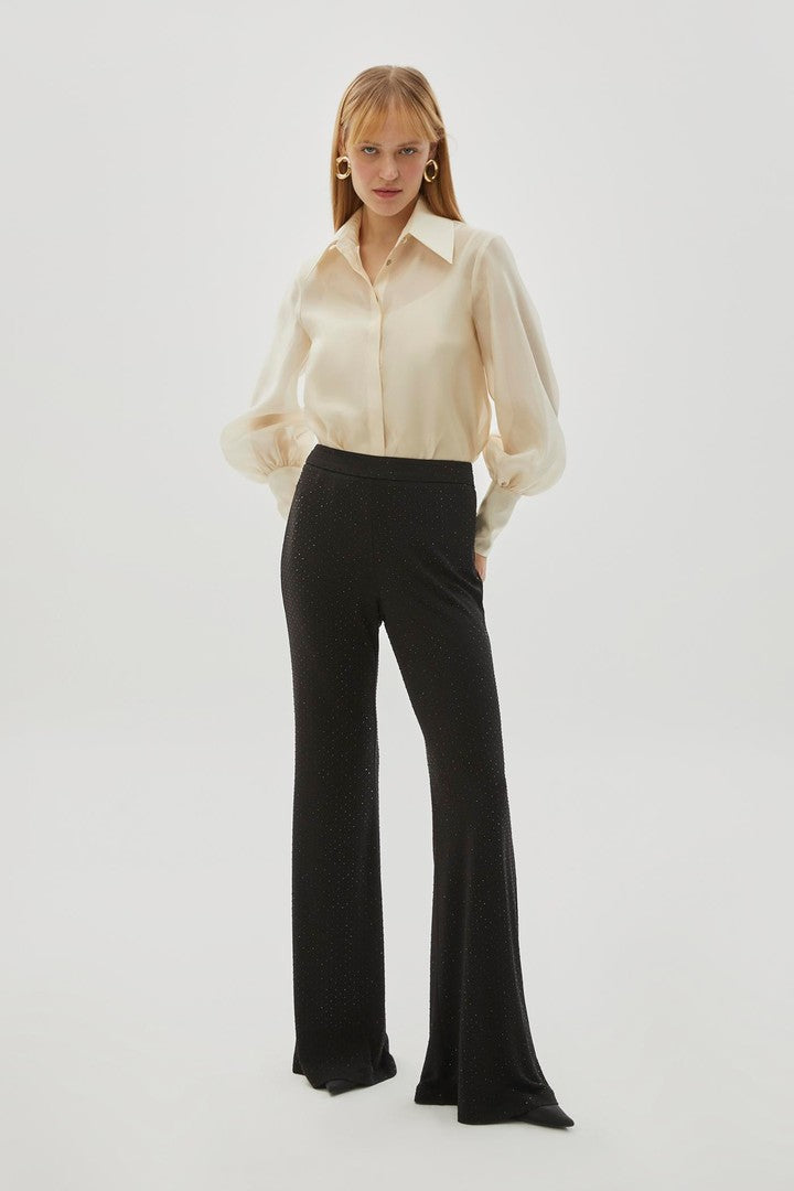 Black Slim Fit Flared Knit Pants with Sequin Print