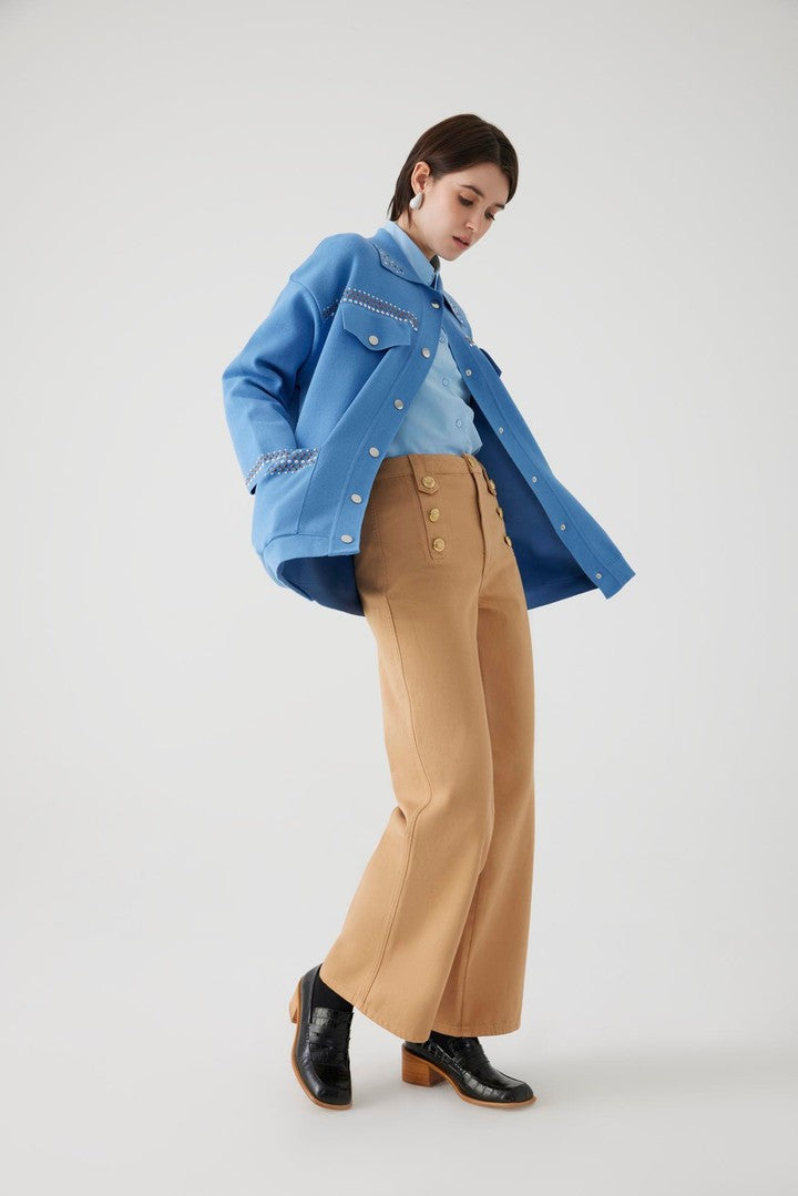 Camel Cotton Regular Fit Denim Pants with Button Details