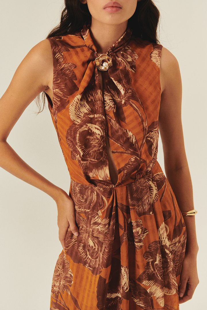 Printed Maxi Dress with Pearl Buckle Detail