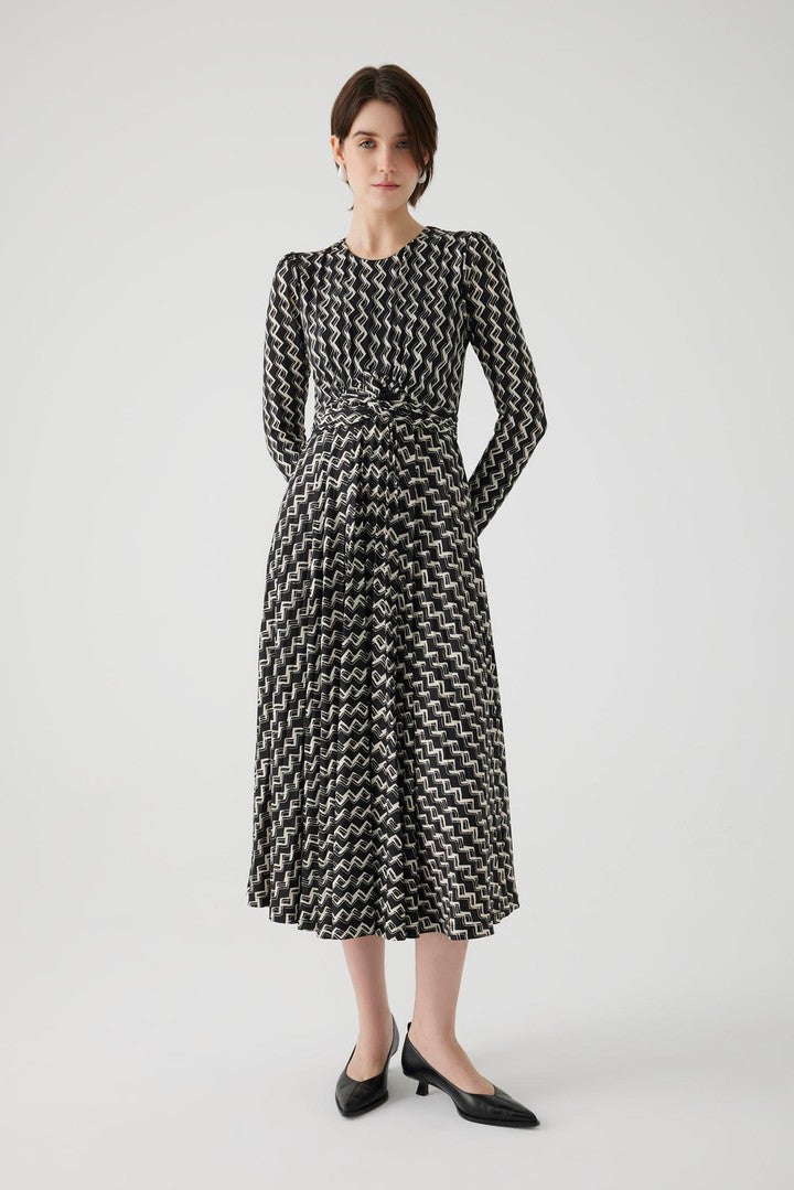 Geometric Patterned Stretch Knit Midi Dress with Tie Detail
