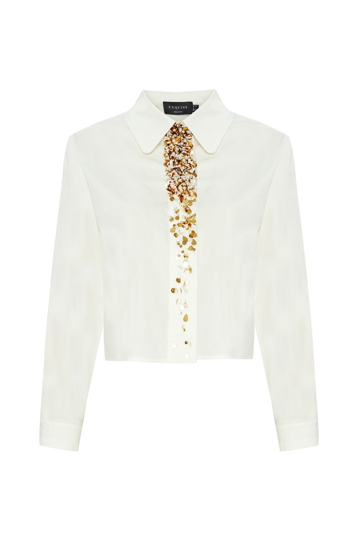 Ecru Straight Cut Cotton Shirt with Embroidered Details
