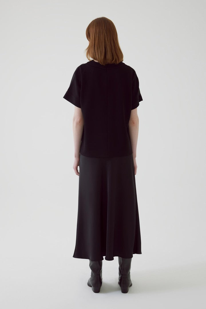 Black Wide Cut Blouse with Satin Front and Knit Back