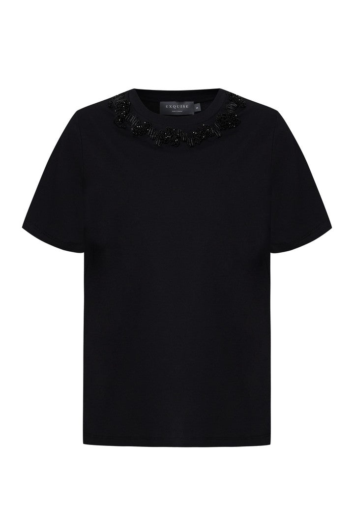Black Regular Fit Cotton Knit T-Shirt with Embroidered Details