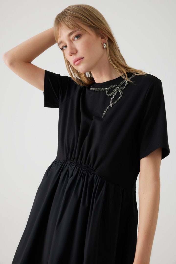 Black Cotton Midi Dress with Embroidered Collar
