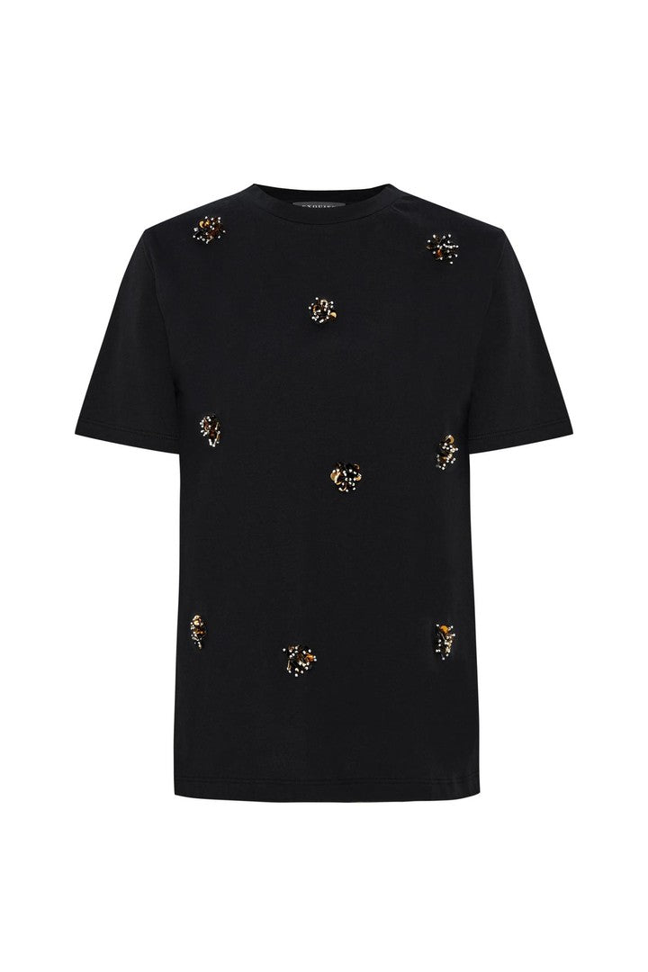 Black Regular Fit Stretch T-Shirt with Crew Neck and Beaded Embellishments