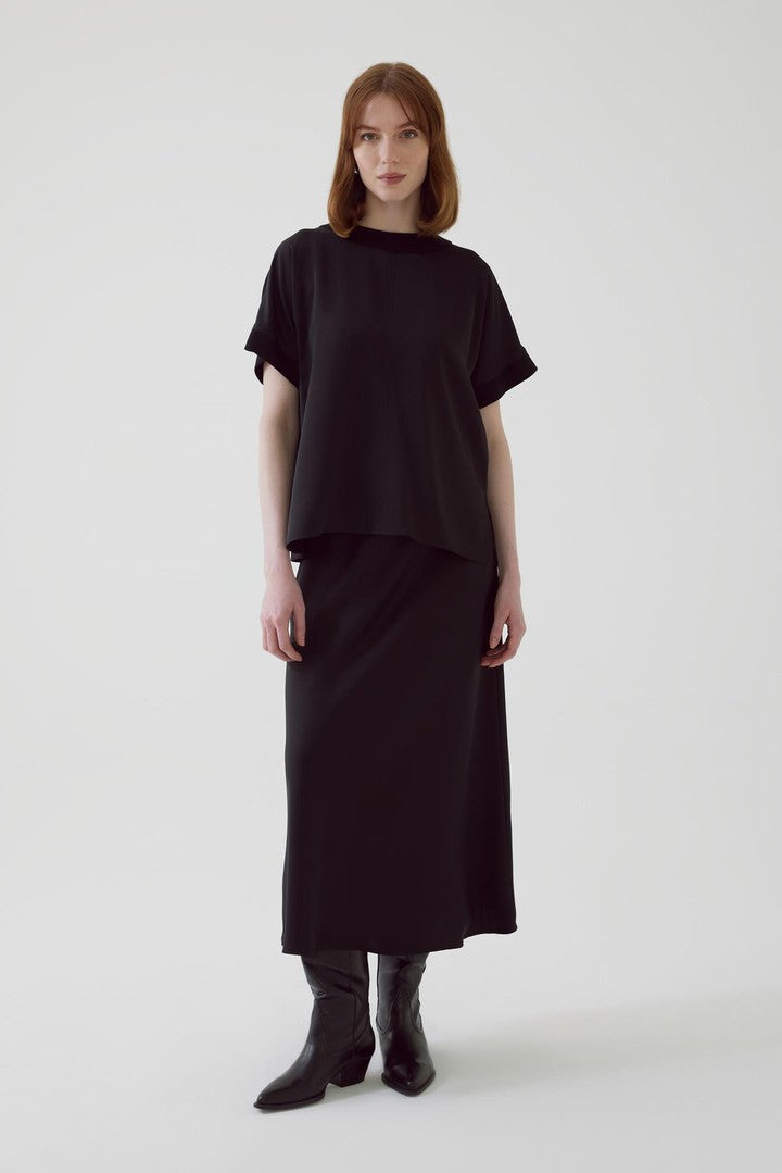 Black Wide Cut Blouse with Satin Front and Knit Back