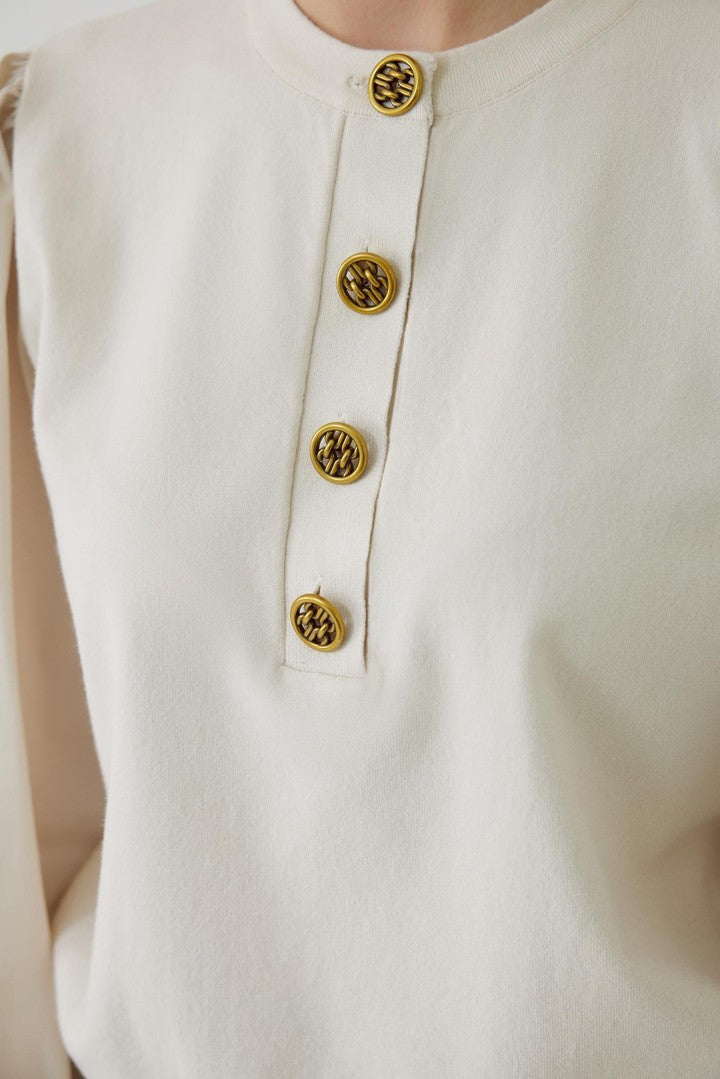 Bone Regular Fit Cotton Knit Blouse with Crew Neck and Elastic Cuffs