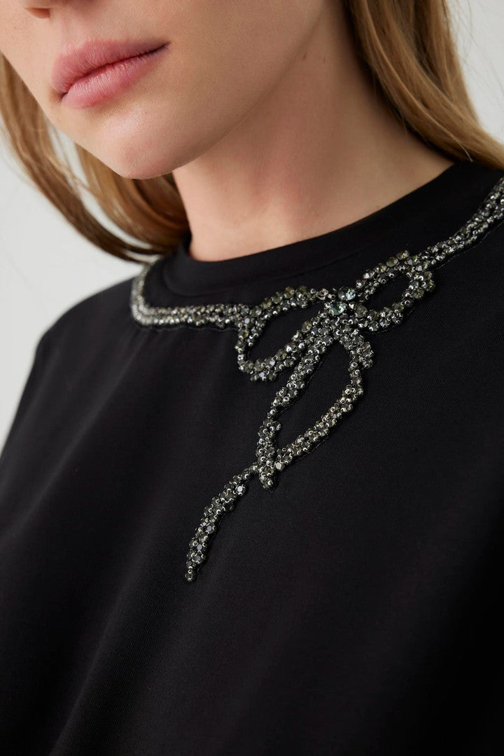Black Cotton Midi Dress with Embroidered Collar