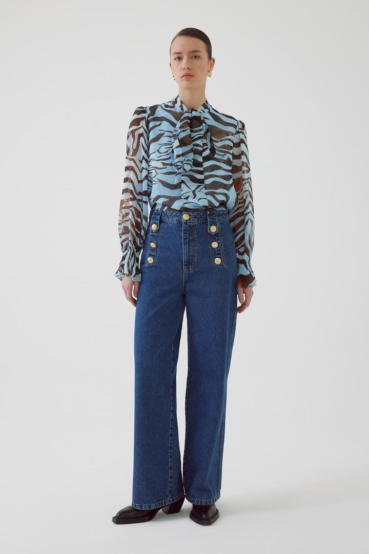 Indigo Cotton Regular Fit Denim Pants with Button Details