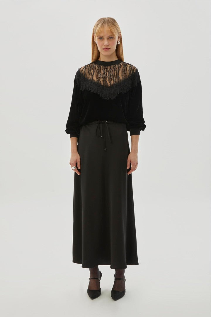 Black Regular Fit Blouse with Velvet and Tulle Details