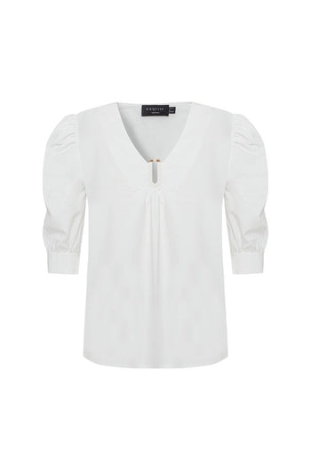 Puff Sleeve Poplin Keyhole Blouse