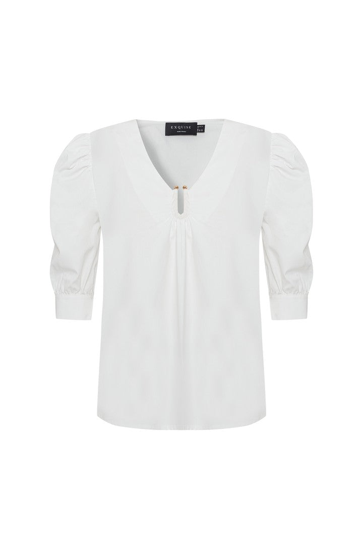 Puff Sleeve Poplin Keyhole Blouse