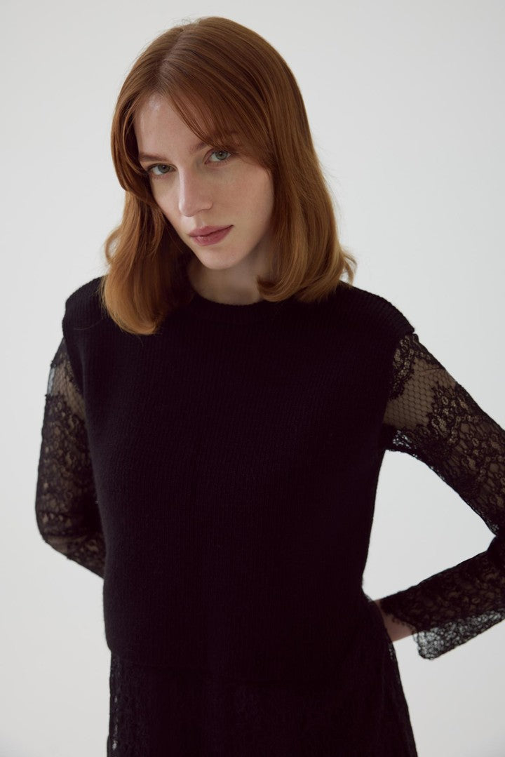Black Regular Fit Dress with Knit Vest, Lace Details, and Lining