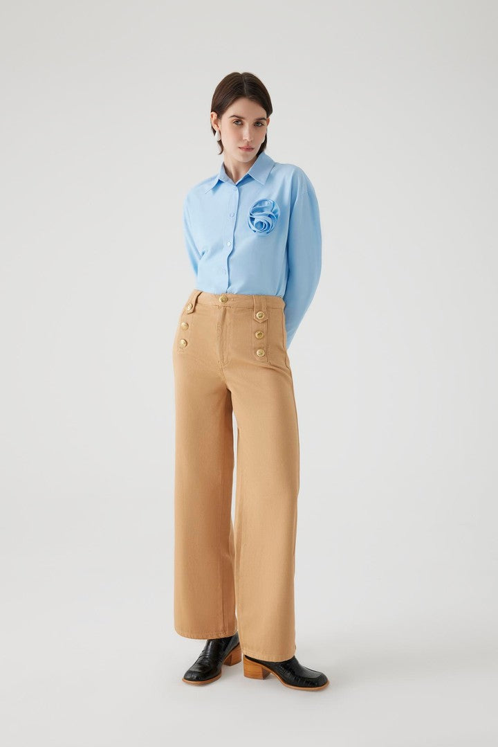 Camel Cotton Regular Fit Denim Pants with Button Details