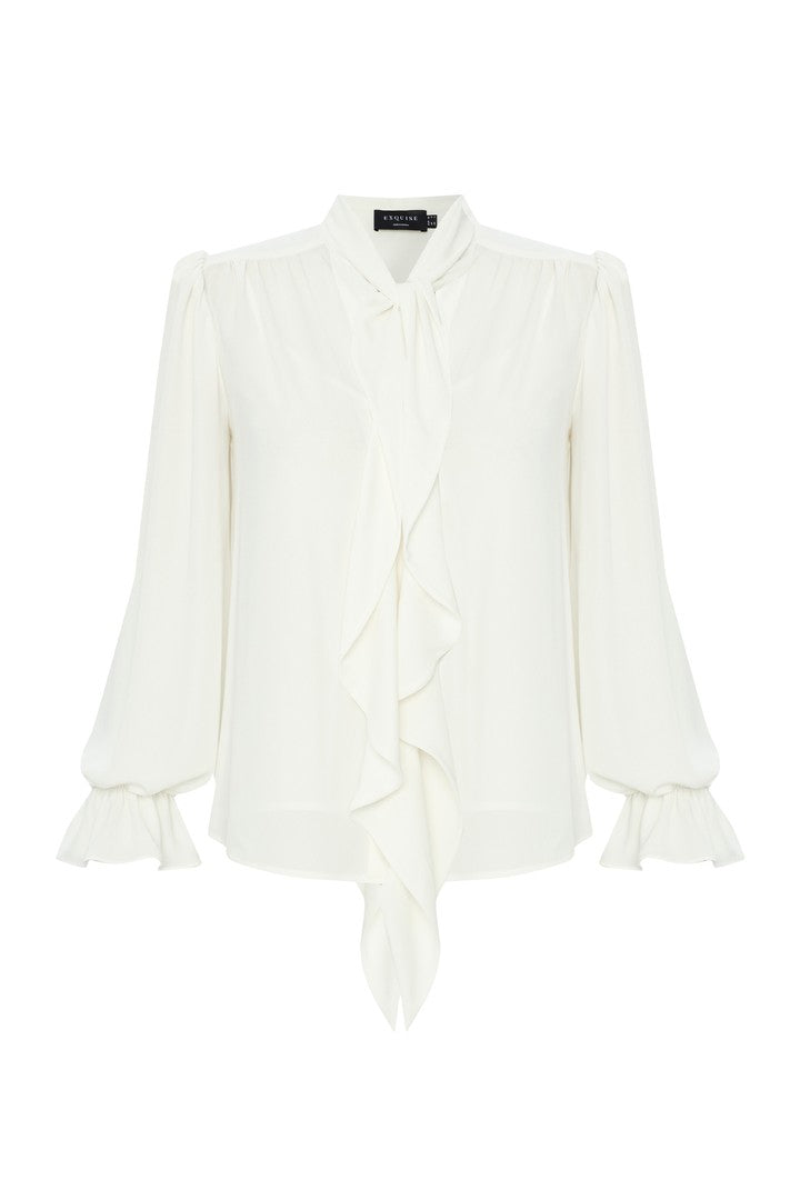 Bone Regular Fit Chiffon Blouse with Scarf Neck and Elastic Cuffs