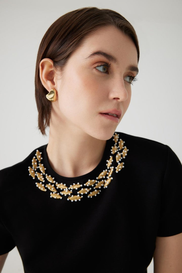 Regular Fit T-Shirt with Embroidered Neckline and Stone Details