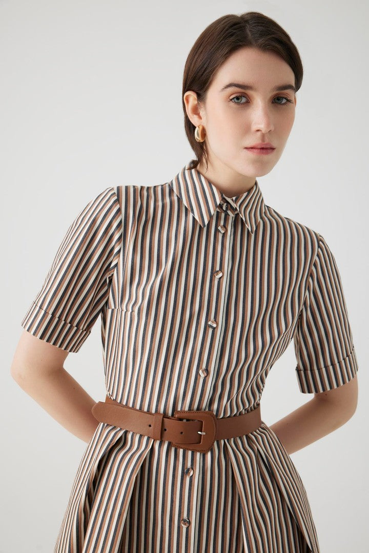 Striped Midi Dress with Shirt Collar, Belt, and Fitted Waist